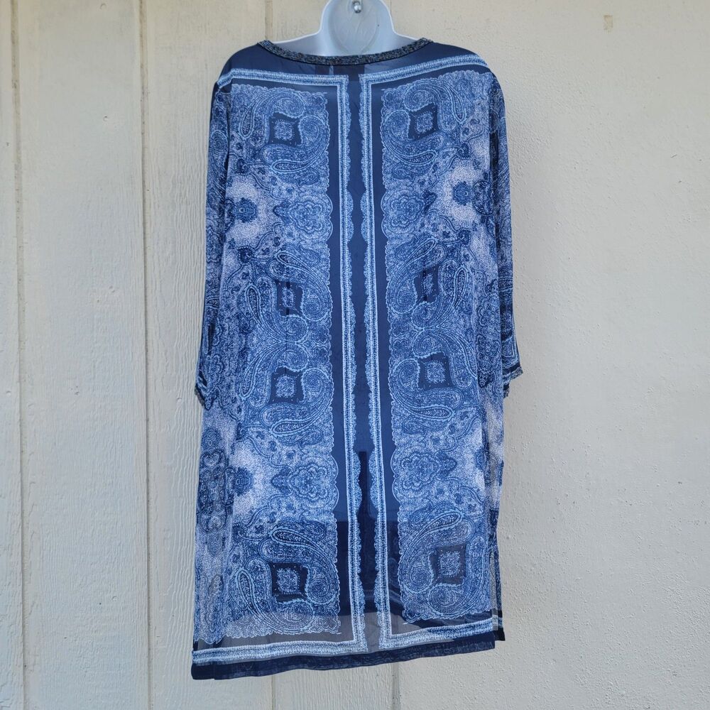 Chico's Paisley print Sheer Beaded Trim tunic top Blu/wht wmns sz L - Picture 2 of 4
